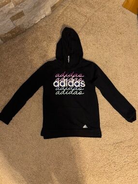 adidas Black Hoodie with Pink and Blue Script Logo Sz 16/XL